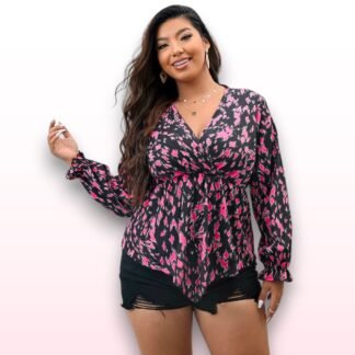 Pink & Black Printed Blouse - 1XL