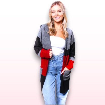 Striped Hooded Long Sleeve Knitted Cardigan - Size L