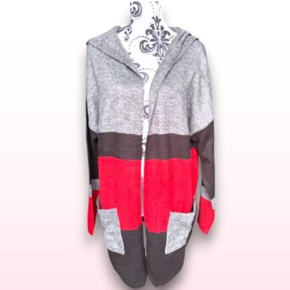 Striped Hooded Long Sleeve Knitted Cardigan - Size L - Image 3