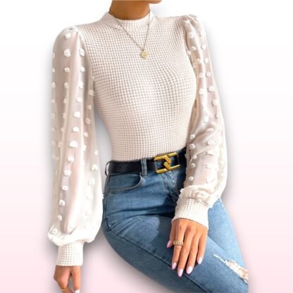 Long Sleeve Waffle Top in Beige - UK 16