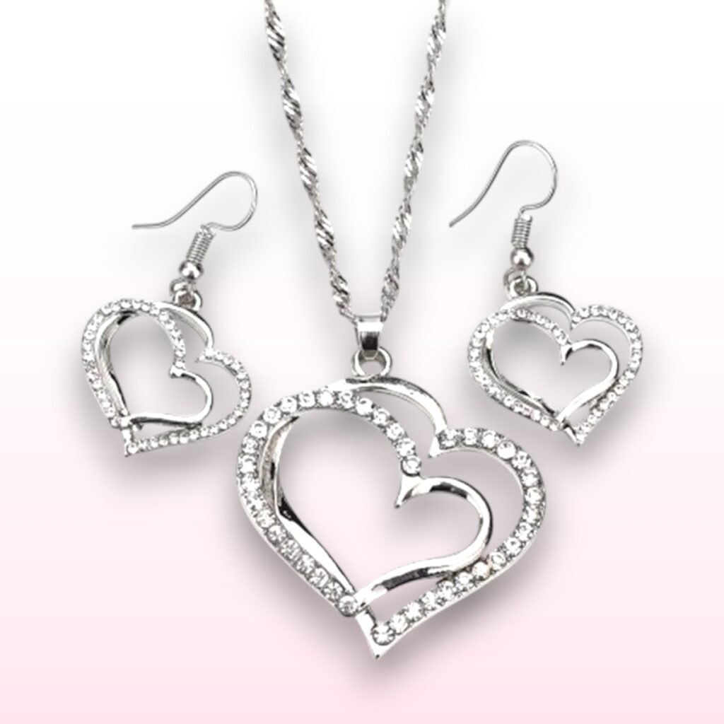 Double Heart Earrings and Necklace Set