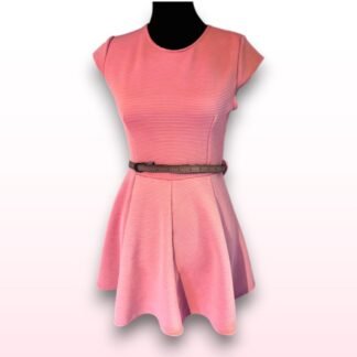 Ribbed Coral Belted Skater Dress - UK 12