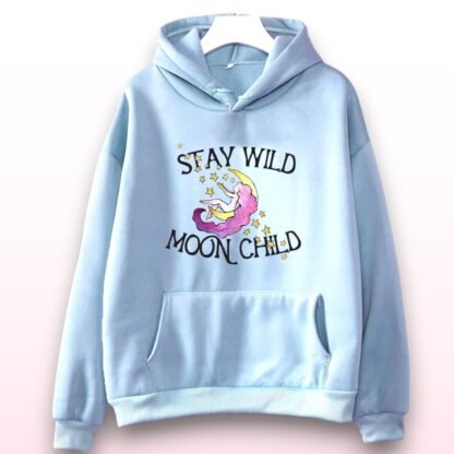 'Stay Wild Moon Child' Baby Blue Hoodie – Size M