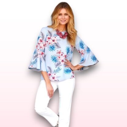 Floral Print 3/4 Length Frill Sleeve Top - UK 16