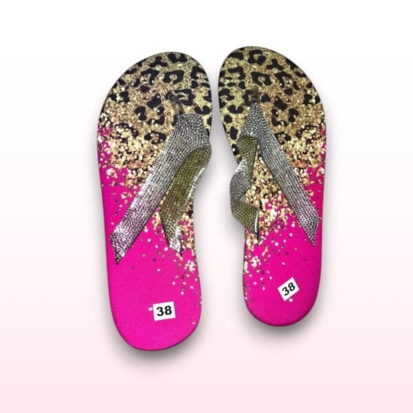 Leopard Print Sparkly Flip Flops - UK 5