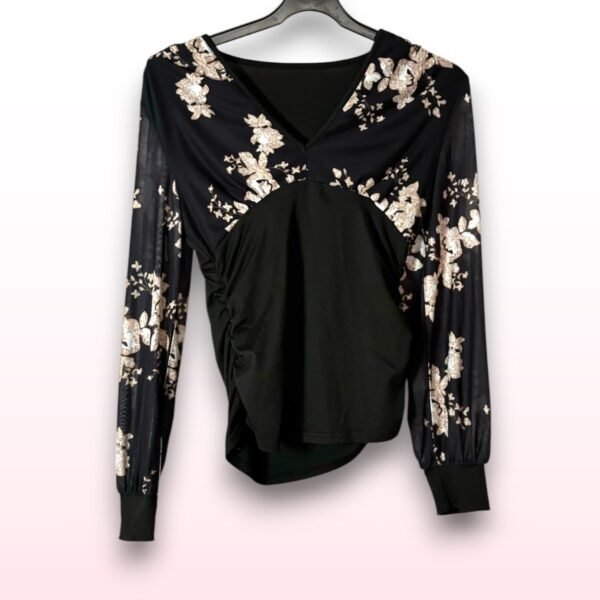 Black Floral Long Sleeve Top - Size M