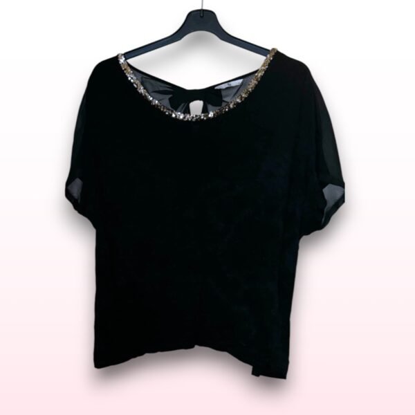 Black Top with Gold Sequins and Bow - UK 18