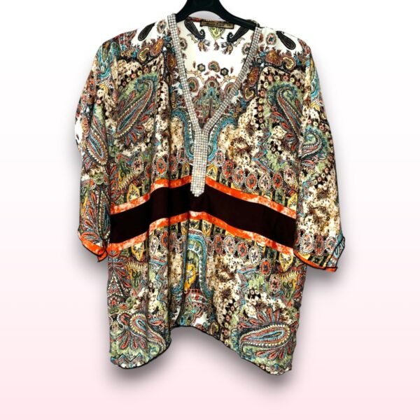 Boho Print Top with Sparkly V-Neck – Size S/M