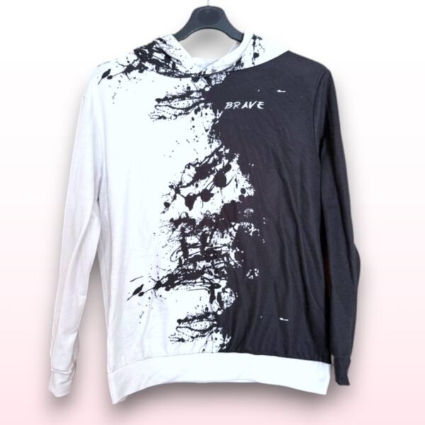 Boys Ink Splat Hoodie – Black & White “BRAVE” - Age 13–14