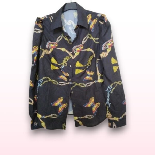 Chain & Butterfly Print Satin-Feel Blouse – Size S - Image 2