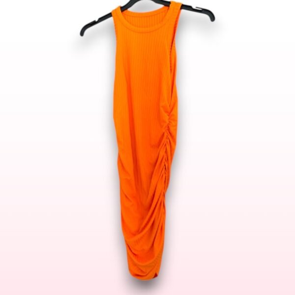 Sleeveless Ribbed Ruche Midi Dress – Bright Orange (Size Small)