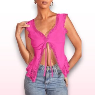 Lace Trim Tie Front Top – Size S