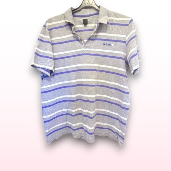 Men’s Adidas Striped Polo Shirt – Grey/Purple (Large)