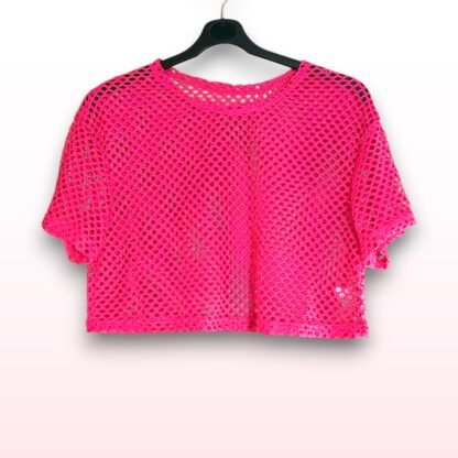 Bright Pink Cropped Fishnet Rave Top – Size Medium - Image 2