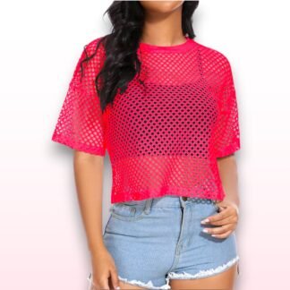 Bright Pink Cropped Fishnet Rave Top – Size Medium