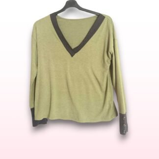 Khaki Green V-Neck Button Sleeve Top – Size S