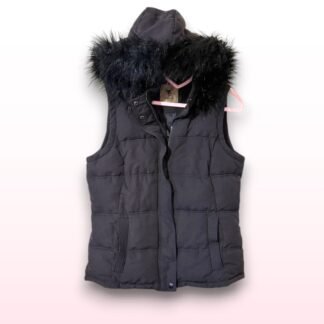 Black Sleeveless Gilet Bodywarmer with Fur Hood – UK 12